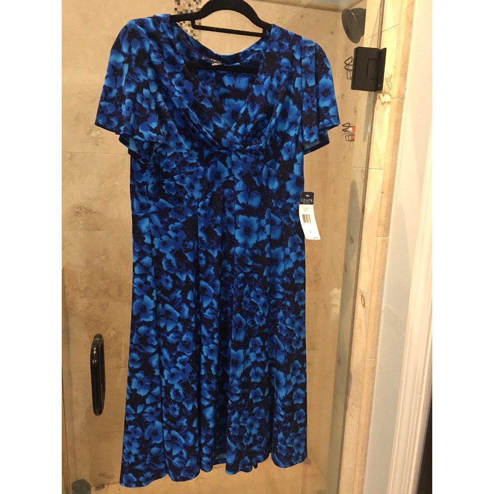 CHAPS Ralph Lauren Women Blue Floral Jersey Moc Wrap Gathered Dress NWT L